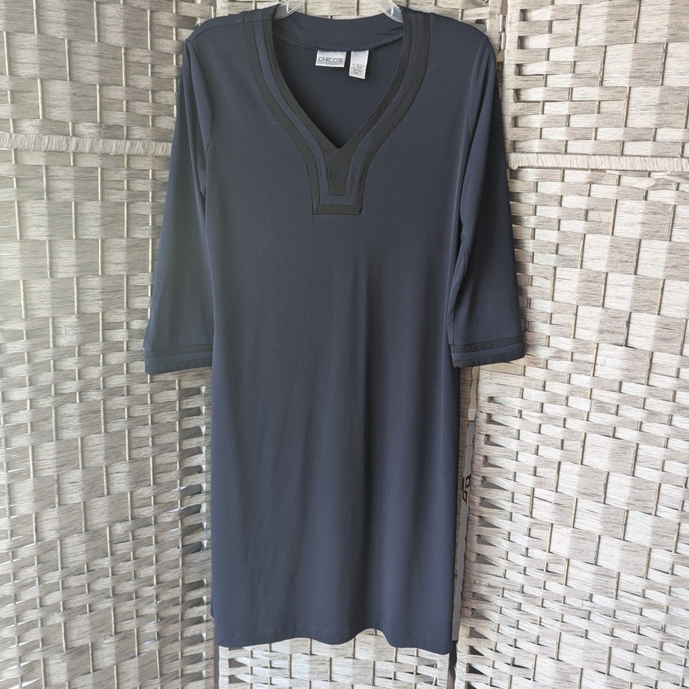 Chico's Shift Dress Navy Blue V-Neck 3/4 Sleeve Sz 1 (M) Office Chic Minimalist
